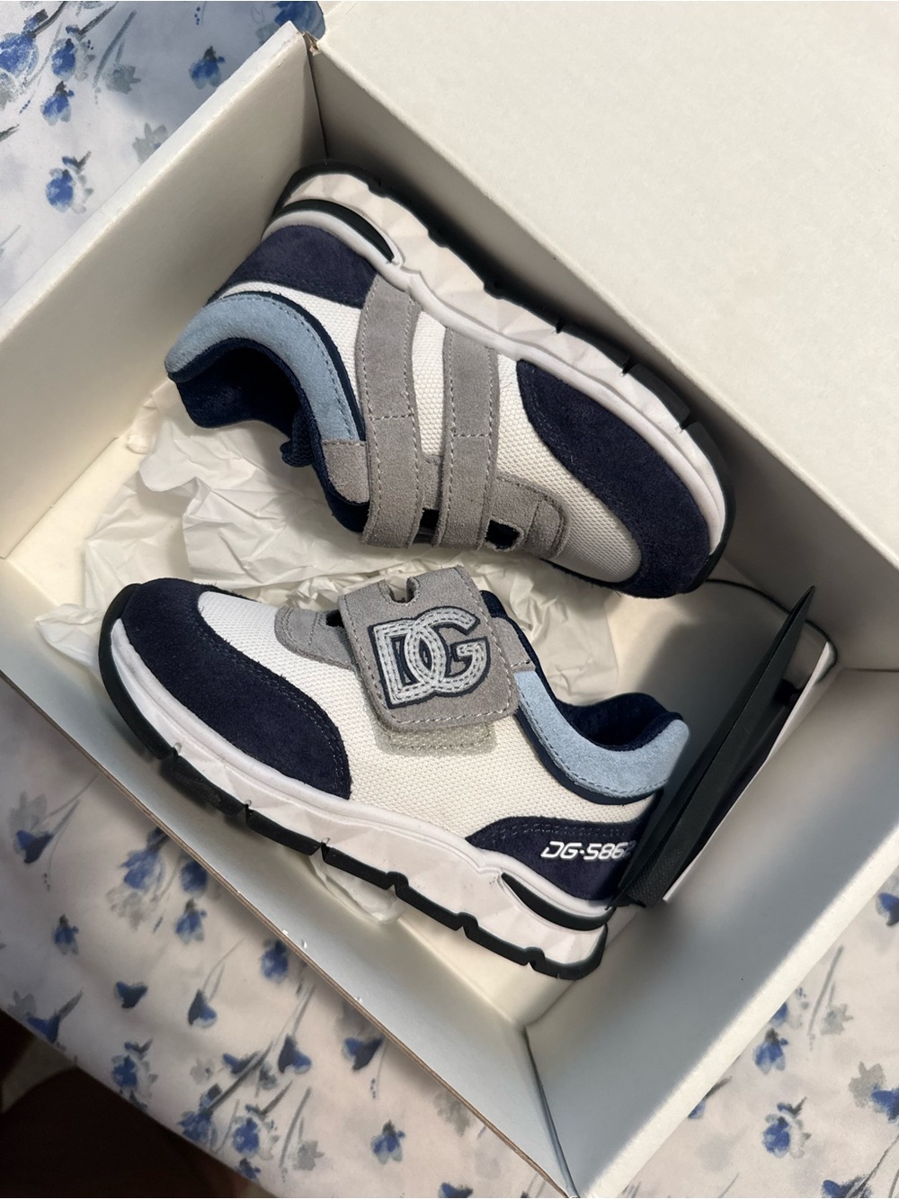 Dolce & Gabbana Navy, Light Blue, Gray & White Kids' Logo Strap Sneakers
